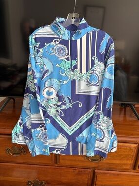 IBKUL Women's Blue & Mint Patterned 1/4 zip shirt. Large. EUC.🌸⛳️